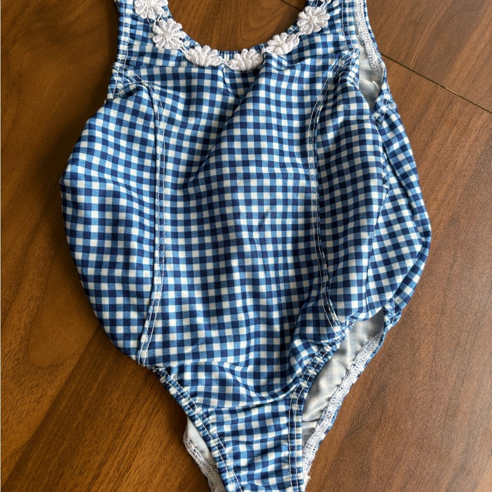 24 Months Baby Blue Gingham One-Piece Swimsuit with Floral Detail